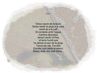 Deixa caure els braços. Deixa sentir la pluja a la cara, sentir-la a la pell. El contacte amb l'aigua. Camina descalça, deixa't sentir el fred, el terra humit que ha deixat el pas de la pluja. Tanca els ulls. Escolta. Escolta com parla el silenci. Baixa, amb veu molt baixa... ... 