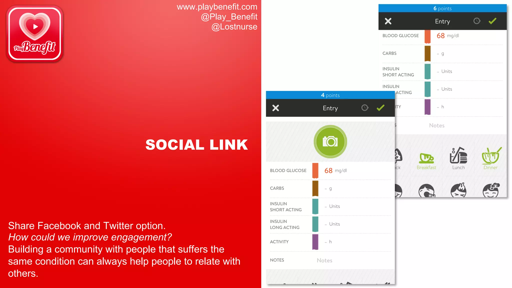 www.playbenefit.com
@Play_Benefit
@Lostnurse
SOCIAL LINK
Share Facebook and Twitter option.
How could we improve engagement?
Building a community with people that suffers the
same condition can always help people to relate with
others.
 