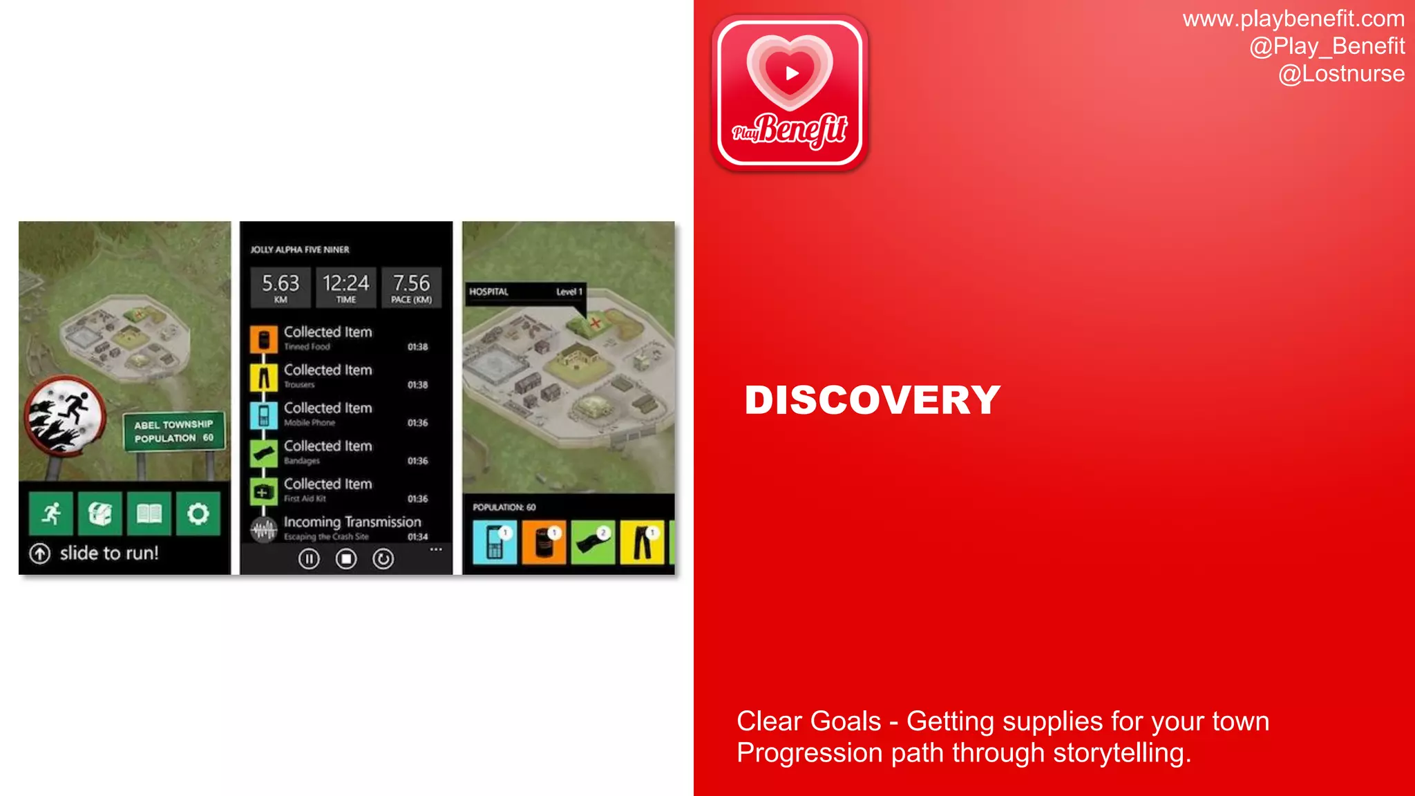 www.playbenefit.com
@Play_Benefit
@Lostnurse
DISCOVERY
Clear Goals - Getting supplies for your town
Progression path through storytelling.
 