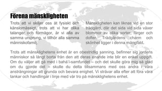 Förena mänskligheten
Trots att vi skiljer oss åt fysiskt och
känslomässigt, trots att vi har olika
talanger och förmågor, är vi alla av
samma ursprung, vi tillhör alla samma
människofamilj.
Trots att mänsklighetens enhet är en obestridlig sanning, befinner sig jordens
människor så långt borta från den att deras enande inte blir en enkel uppgift.
Om du väljer att gå med i bahá’í-samfundet – och det skulle göra mig så glad
om du gjorde det – skulle du delta tillsammans med oss andra i våra
ansträngningar att grunda och bevara enighet. Vi strävar alla efter att föra våra
tankar och handlingar i linje med vår tro på mänsklighetens enhet.
Mänskligheten kan liknas vid en stor
trädgård, där det sida vid sida växer
blommor av olika sorter, färger och
dofter. Trädgårdens charm och
skönhet ligger i denna mångfald.
 