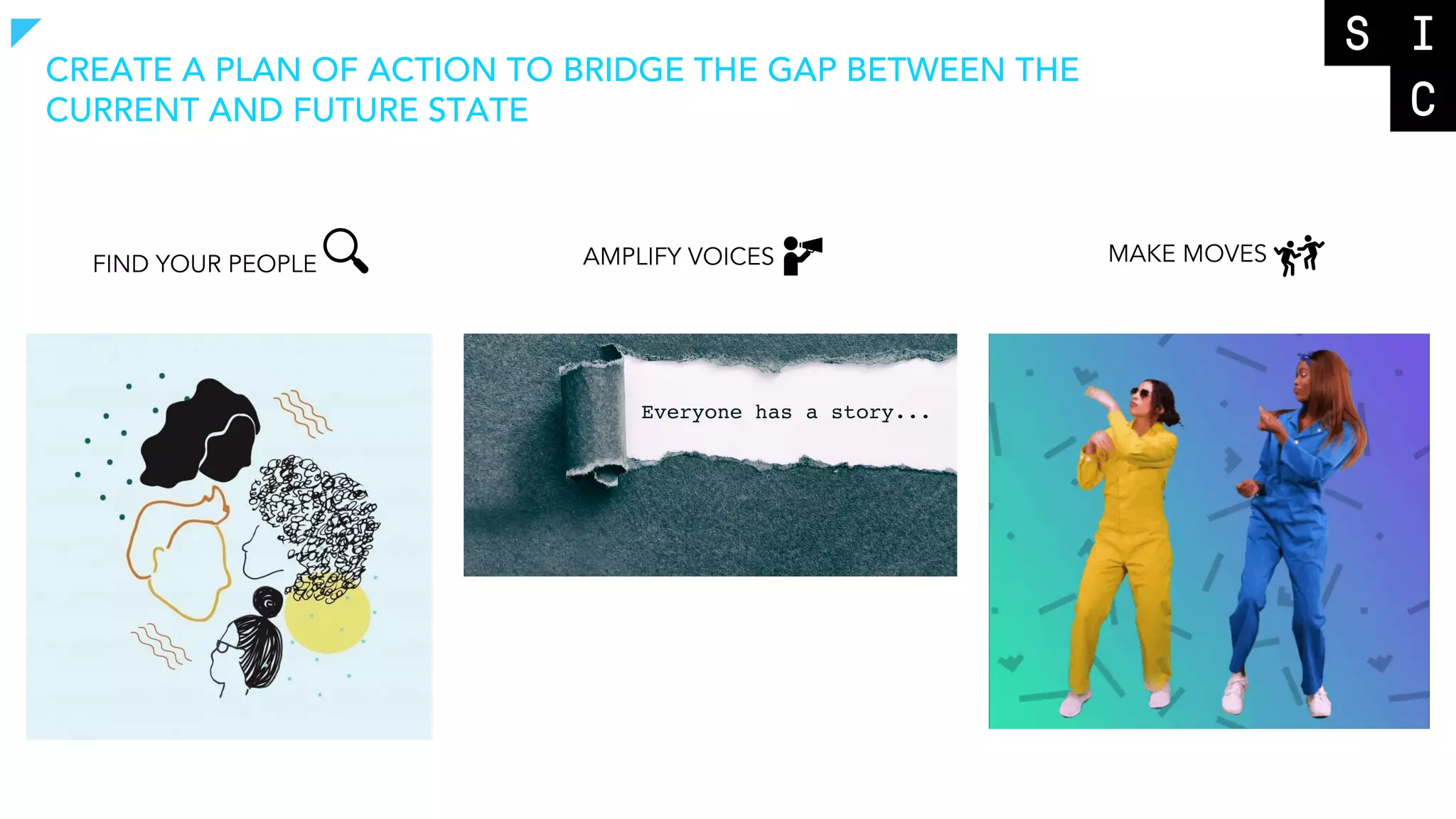 CREATE A PLAN OF ACTION TO BRIDGE THE GAP BETWEEN THE
CURRENT AND FUTURE STATE
FIND YOUR PEOPLE AMPLIFY VOICES MAKE MOVES
 