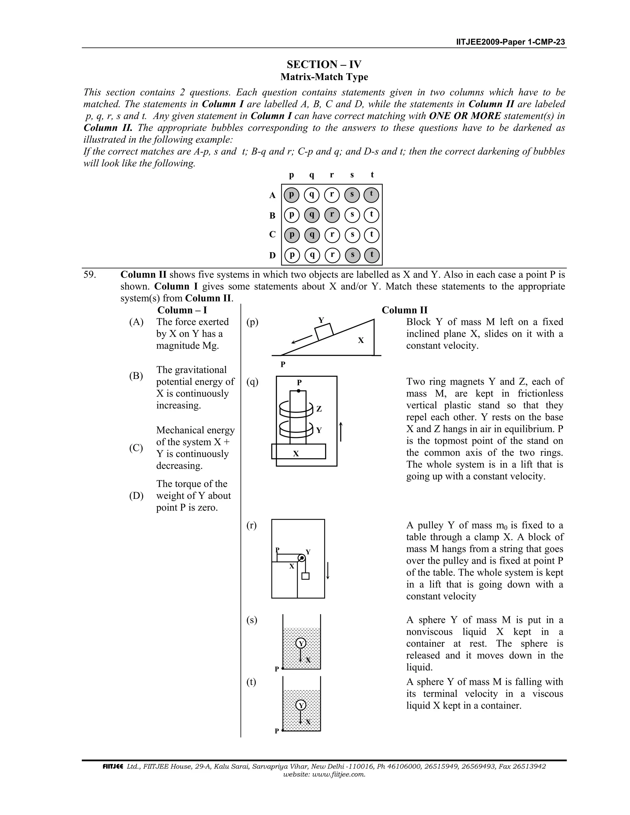 IITJEE2009-Paper 1-CMP-23
FIITJEE Ltd., FIITJEE House, 29-A, Kalu Sarai, Sarvapriya Vihar, New Delhi -110016, Ph 46106000, 26515949, 26569493, Fax 26513942
website: www.fiitjee.com.
SECTION – IV
Matrix-Match Type
This section contains 2 questions. Each question contains statements given in two columns which have to be
matched. The statements in Column I are labelled A, B, C and D, while the statements in Column II are labeled
p, q, r, s and t. Any given statement in Column I can have correct matching with ONE OR MORE statement(s) in
Column II. The appropriate bubbles corresponding to the answers to these questions have to be darkened as
illustrated in the following example:
If the correct matches are A-p, s and t; B-q and r; C-p and q; and D-s and t; then the correct darkening of bubbles
will look like the following.
p q r s
p q r s
p q r s
p q r s
p q r s
D
C
B
A t
t
t
t
t
59. Column II shows five systems in which two objects are labelled as X and Y. Also in each case a point P is
shown. Column I gives some statements about X and/or Y. Match these statements to the appropriate
system(s) from Column II.
Column – I Column II
(A) The force exerted
by X on Y has a
magnitude Mg.
(p) Y
X
P
Block Y of mass M left on a fixed
inclined plane X, slides on it with a
constant velocity.
(B)
The gravitational
potential energy of
X is continuously
increasing.
(C)
Mechanical energy
of the system X +
Y is continuously
decreasing.
(D)
The torque of the
weight of Y about
point P is zero.
(q)
X
P
Z
Y
Two ring magnets Y and Z, each of
mass M, are kept in frictionless
vertical plastic stand so that they
repel each other. Y rests on the base
X and Z hangs in air in equilibrium. P
is the topmost point of the stand on
the common axis of the two rings.
The whole system is in a lift that is
going up with a constant velocity.
(r)
X
P Y
A pulley Y of mass m0 is fixed to a
table through a clamp X. A block of
mass M hangs from a string that goes
over the pulley and is fixed at point P
of the table. The whole system is kept
in a lift that is going down with a
constant velocity
(s)
X
P
Y
A sphere Y of mass M is put in a
nonviscous liquid X kept in a
container at rest. The sphere is
released and it moves down in the
liquid.
(t)
X
P
Y
A sphere Y of mass M is falling with
its terminal velocity in a viscous
liquid X kept in a container.
 