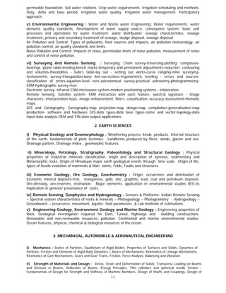 permeable foundation. Soil water relations. Crop water requirements. Irrigation scheduling and methods.
Duty, delta and base period. Irrigation water quality. Irrigation water management. Participatory
approach.

v) Environmental Engineering : Water and Waste water Engineering: Water requirements; water
demand, quality standards; Development of water supply source, conveyance system; basic unit
processes and operations for water treatment; water distribution; sewage characteristics; sewage
treatment, primary and secondary treatment of sewage, sludge disposal, sewage disposal.
Air Pollution and Control: Types of pollutants, their sources and impacts, air pollution meteorology, air
pollution control, air quality standards and limits.
Noise Pollution and Control: Impacts of noise, permissible limits of noise pollution, measurement of noise
and control of noise pollution.

vi) Surveying And Remote Sensing : Surveying: Chain survey-traversing-plotting: compasses-
bearings -plane table-leveling-bench marks-temporary and permanent adjustments-reduction: contouring
and volumes-theodolites - Gale’s table-lay out - setting out works-curve ranging-mine surveying-
techeometric survey-triangulation-base line-corrections-trigonometric leveling - errors and sources-
classification of errors-equation-level nets-astronomical survey-practical astronomy-photogrammetry-
EDM-hydrographic survey-river.
Electronic survey- infrared EDM-microwave system-modern positioning systems - trilateration.
Remote Sensing: Satellite system- EMR interaction with each feature, spectral signature - image
characters -interpretation keys- Image enhancement, filters, classification.-accuracy assessment-thematic
maps.
GIS and Cartography: Cartography-map projection-map design-map compilation-generalisation-map
production- software and hardware GIS-data types-data base types-raster and vector-topology-data
input-data analysis-DEM and TIN-data output-applications.

                                            2. EARTH SCIENCES

i) Physical Geology and Geomorphology : Weathering process, kinds, products. Internal structure
of the earth, fundamentals of plate tectonics. Landforms produced by River, winds, glacier and sea.
Drainage pattern, Drainage Index , geomorphic features.

 ii) Mineralogy, Petrology, Stratigraphy, Paleontology and Structural Geology : Physical
properties of Industrial minerals classification, origin and description of Igneous, sedimentary and
Metamorphic rocks. Origin of Himalayas major earth geological events through time scale. Origin of life,
types of fossils evolution of mammals & Man. Joints, Folds, Faults and structures.

iii) Economic Geology, Ore Geology, Geochemistry : Origin, occurrence and distribution of
Economic mineral deposits-Iron, manganese, gold, zinc, graphite, lead, coal and petroleum deposits.
Ore-dressing, ore-reserves, estimation. Major elements, application in environmental studies REE-its
implication in genesis/ provenance of rocks.
iv) Remote Sensing, Geophysics and Hydrogeology : Sensors & Platforms- Indian Remote Sensing
– Spectral system characteristics of rocks & minerals – Photogeology – Photogrametry - Hydrogeology –
Groundwater – occurrence, movement, Aquifer, field parameters & Lab methods of estimations.
v) Engineering Geology, Environment Geology and Marine Geology : Engineering properties of
Rock. Geological investigation required for Dam, Tunnel, highways and    building constructions.
Renewable and non-renewable resources, pollution. Continental and marine environmental studies.
Ocean features, physical, chemical & biological resources of the ocean.


                 3. MECHANICAL, AUTOMOBILE & AERONAUTICAL ENGINEERING


i) Mechanics : Statics of Particles, Equilibrium of Rigid Bodies, Properties of Surfaces and Solids, Dynamics of
Particles, Friction and Elements of Rigid Body Dynamics – Basics of Mechanisms, Kinematics of Linkage Mechanisms,
Kinematics of Cam Mechanisms, Gears and Gear Trains, Friction, Force Analysis, Balancing and Vibration.

ii) Strength of Materials and Design : Stress, Strain and Deformation of Solids, Transverse Loading on Beams
and Stresses in Beams, Deflection of Beams, Energy Principles, Thin cylinders and spherical resells Torsion -
Fundamentals of Design for Strength and Stiffness of Machine Members, Design of Shafts and Couplings, Design of
                                                       11
 