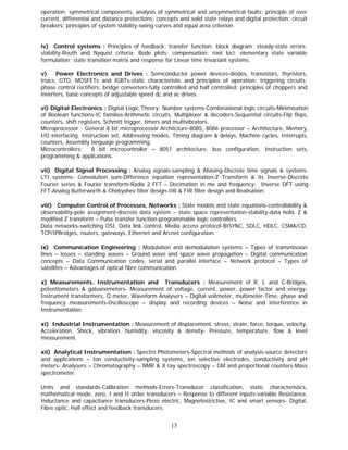 operation; symmetrical components, analysis of symmetrical and unsymmetrical faults; principle of over
current, differential and distance protections; concepts and solid state relays and digital protection; circuit
breakers; principles of system stability-swing curves and equal area criterion.


iv) Control systems : Principles of feedback; transfer function; block diagram; steady-state errors;
stability-Routh and Nyquist criteria; Bode plots; compensation; root loci; elementary state variable
formulation; state transition matrix and response for Linear time Invariant systems.

v)     Power Electronics and Drives : Semiconductor power devices-diodes, transistors, thyristors,
triacs, GTO, MOSFETs and IGBTs-static characteristic and principles of operation; triggering circuits;
phase control rectifiers; bridge converters-fully controlled and half controlled; principles of choppers and
inverters, basic concepts of adjustable speed dc and ac drives.

vi) Digital Electronics : Digital Logic Theory: Number systems-Combinational logic circuits-Minimisation
of Boolean functions-IC families-Arithmetic circuits, Multiplexer & decoders-Sequential circuits-Flip flops,
counters, shift registers, Schmitt trigger, timers and multivibrators.
Microprocessor : General 8 bit microprocessor Architcture-8085, 8086 processor – Architecture, Memory,
I/O interfacing, Instruction set, Addressing modes, Timing diagram & delays, Machine cycles, Interrupts,
counters, Assembly language programming.
Microcontrollers:     8 bit microcontroller – 8051 architecture, bus configuration, Instruction sets,
programming & applications.

vii) Digital Signal Processing : Analog signals-sampling & Aliasing-Discrete time signals & systems-
LTI systems- Convolution sum-Difference equation representation-Z Transform & its Inverse-Discrete
Fourier series & Fourier transform-Radix 2 FFT – Decimation in me and frequency- Inverse DFT using
FFT-Analog Butterworth & Chebyshev filter design-IIR & FIR filter design and Realisation.

viii) Computer Control of Processes, Networks : State models and state equations-controllability &
observability-pole assignment-discrete data system – state space representation-stability-data hold, Z &
modified Z transform – Pulse transfer function-programmable logic controllers.
Data networks-switching OSI, Data link control, Media access protocol-BISYNC, SDLC, HDLC, CSMA/CD,
TCP/IPBridges, routers, gateways, Ethernet and Arcnet configuration.

ix) Communication Engineering : Modulation and demodulation systems – Types of transmission
lines – losses – standing waves – Ground wave and space wave propagation – Digital communication
concepts – Data Communication codes, serial and parallel interface – Network protocol – Types of
satellites – Advantages of optical fibre communication.

x) Measurements, Instrumentation and Transducers : Measurement of R, L and C-Bridges,
potentiometers & galvanometers- Measurement of voltage, current, power, power factor and energy-
Instrument transformers, Q meter, Waveform Analysers – Digital voltmeter, multimeter-Time, phase and
frequency measurements-Oscilloscope – display and recording devices – Noise and interference in
Instrumentation.

xi) Industrial Instrumentation : Measurement of displacement, stress, strain, force, torque, velocity,
Acceleration, Shock, vibration, humidity, viscosity & density- Pressure, temperature, flow & level
measurement.

xii) Analytical Instrumentation : Spectro Photometers-Spectral methods of analysis-source detectors
and applications – Ion conductivity-sampling systems, ion selective electrodes, conductivity and pH
meters- Analysers – Chromatography – NMR & X ray spectroscopy – GM and proportional counters-Mass
spectrometer.

Units and standards-Calibration methods-Errors-Transducer classification, static characteristics,
mathematical mode, zero, I and II order transducers – Response to different inputs-variable Resistance,
Inductance and capacitance transducers-Piezo electric, Magnetostrictive, IC and smart sensors- Digital,
Fibre optic, Hall effect and feedback transducers.


                                                      13
 