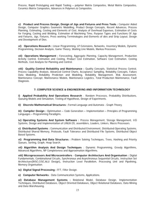 Process, Rapid Prototyping and Rapid Tooling – polymer Matrix Composites, Metal Matrix Composites,
Ceramics Matrix Composites, Advances in Polymers & Composites.




v) Product and Process Design, Design of Jigs and Fixtures and Press Tools : Computer Aided
Design, Computer Graphics Geometric Modelling, Product Design Concepts, Recent Advances, Process
Planning, Estimating, Costing and Elements of Cost, Analysis of Overhead Expenses, Estimation of Costs
for Forging, Casting and Welding, Estimation of Machining Time, Purpose Types and Functions Of Jigs
and Fixtures, Jigs, Fixtures, Press working Terminologies and Elements of dies and Strip Layout, Design
and Development of Dies.

vi) Operations Research : Linear Programming, LP Extensions, Networks, Inventory Models, Dynamic
Programming, Decision Analysis, Game Theory, Waiting Line Models, Markov Processes.

vii) Operations Management : Forecasting, Aggregate Planning, Capacity Management, Production
Activity Control, Estimation and Costing, Product Cost Estimation, Software Cost Estimation, Costing
Methods, Cost Analysis for Planning and Control.

viii) Quality Control Reliability and Maintenance : Quality Concepts, Statistical Process Control,
Process Capability Analysis, Advanced Control Charts, Acceptance Sampling, Reliability Concepts, Failure
Data Modeling, Reliability Prediction and Modeling, Reliability Management, Risk Assessment,
Maintenance Concept, Maintenance Models, Maintenance Logistics, Total Production Maintenance, Fault
Diagnosis.


             7. COMPUTER SCIENCE & ENGINEERING AND INFORMATION TECHNOLOGY

i) Applied Probability And Operations Research : Random Processes, Probability Distributions,
Queuing Models and Simulation, Testing of Hypothesis, Design of Experiments.

ii) Discrete Mathematical Structures : Formal Language and Automata - Graph Theory.

iii) Compiler Design : Optimisation – Code Generation – Implementation – Principles of Programming
Languages – Programming Paradigms.

iv) Operating Systems And System Software : Process Management, Storage Management, I/O
Systems, Design and Implementation of LINUX OS, assemblers, Loaders, Linkers, Macro Processors.

v) Distributed Systems : Communication and Distributed Environment, Distributed Operating Systems,
Distributed Shared Memory, Protocols, Fault Tolerance and Distributed File Systems, Distributed Object
Based Systems.
vi) Programming And Data Structures : Problem Solving Techniques, Trees, Hashing and Priority
Queues, Sorting, Graph, Heap Search.
vii) Algorithm Analysis And Design Techniques : Dynamic Programming, Greedy Algorithms,
Advanced Algorithms, NP Completeness and Approximation Algorithms.
viii) Microprocessors And Microcontrollers - Computer Architecture And Organisation : Digital
Fundamentals, Combinational Circuits, Synchronous and Asynchronous Sequential Circuits, Instruction Set
Architecture(RISC,CISC,ALU Design), Instruction Level Parallelism, Processing Unit and Pipelining,
Memory Organisation.

ix) Digital Signal Processing : FFT, Filter Design.

x) Computer Networks : Data Communication Systems, Applications.
xi) Database Management Systems : Relational Model, Database Design, Implementation
Techniques, Distributed Databases, Object Oriented Databases, Object Relational Databases, Data Mining
and Data Warehousing.
                                                  15
 