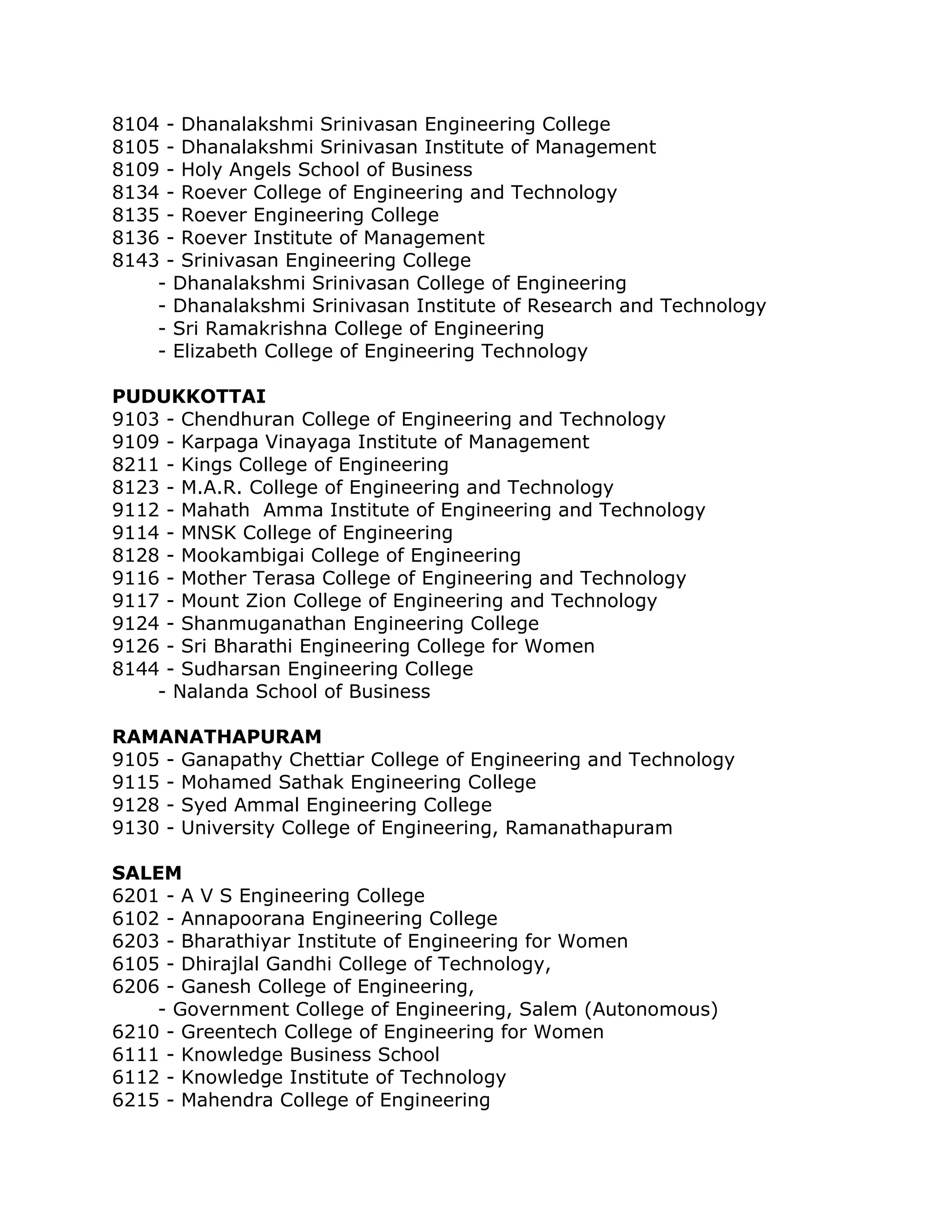 8104 - Dhanalakshmi Srinivasan Engineering College
8105 - Dhanalakshmi Srinivasan Institute of Management
8109 - Holy Angels School of Business
8134 - Roever College of Engineering and Technology
8135 - Roever Engineering College
8136 - Roever Institute of Management
8143 - Srinivasan Engineering College
- Dhanalakshmi Srinivasan College of Engineering
- Dhanalakshmi Srinivasan Institute of Research and Technology
- Sri Ramakrishna College of Engineering
- Elizabeth College of Engineering Technology
PUDUKKOTTAI
9103 - Chendhuran College of Engineering and Technology
9109 - Karpaga Vinayaga Institute of Management
8211 - Kings College of Engineering
8123 - M.A.R. College of Engineering and Technology
9112 - Mahath Amma Institute of Engineering and Technology
9114 - MNSK College of Engineering
8128 - Mookambigai College of Engineering
9116 - Mother Terasa College of Engineering and Technology
9117 - Mount Zion College of Engineering and Technology
9124 - Shanmuganathan Engineering College
9126 - Sri Bharathi Engineering College for Women
8144 - Sudharsan Engineering College
- Nalanda School of Business
RAMANATHAPURAM
9105 - Ganapathy Chettiar College of Engineering and Technology
9115 - Mohamed Sathak Engineering College
9128 - Syed Ammal Engineering College
9130 - University College of Engineering, Ramanathapuram
SALEM
6201 - A V S Engineering College
6102 - Annapoorana Engineering College
6203 - Bharathiyar Institute of Engineering for Women
6105 - Dhirajlal Gandhi College of Technology,
6206 - Ganesh College of Engineering,
- Government College of Engineering, Salem (Autonomous)
6210 - Greentech College of Engineering for Women
6111 - Knowledge Business School
6112 - Knowledge Institute of Technology
6215 - Mahendra College of Engineering

 