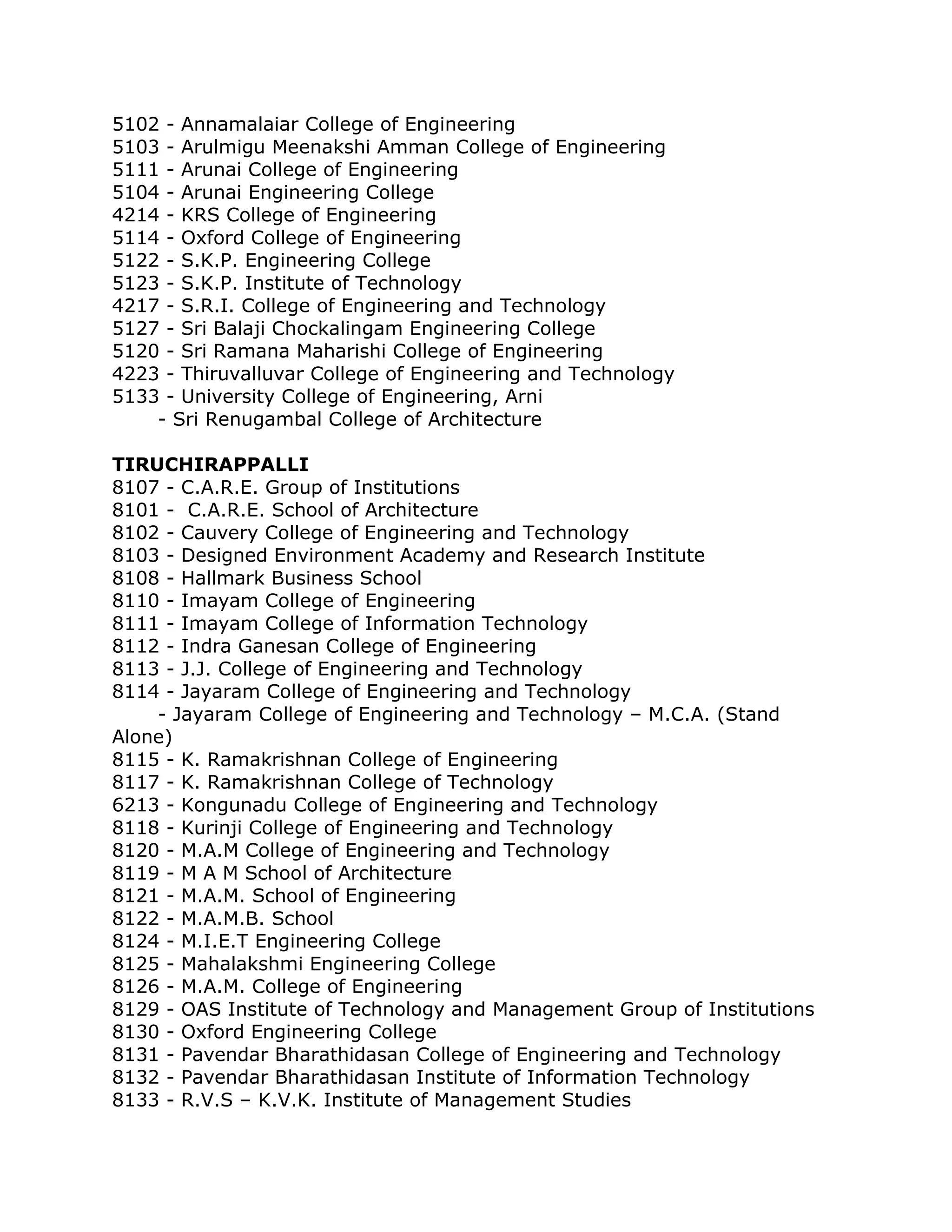 5102 - Annamalaiar College of Engineering
5103 - Arulmigu Meenakshi Amman College of Engineering
5111 - Arunai College of Engineering
5104 - Arunai Engineering College
4214 - KRS College of Engineering
5114 - Oxford College of Engineering
5122 - S.K.P. Engineering College
5123 - S.K.P. Institute of Technology
4217 - S.R.I. College of Engineering and Technology
5127 - Sri Balaji Chockalingam Engineering College
5120 - Sri Ramana Maharishi College of Engineering
4223 - Thiruvalluvar College of Engineering and Technology
5133 - University College of Engineering, Arni
- Sri Renugambal College of Architecture
TIRUCHIRAPPALLI
8107 - C.A.R.E. Group of Institutions
8101 - C.A.R.E. School of Architecture
8102 - Cauvery College of Engineering and Technology
8103 - Designed Environment Academy and Research Institute
8108 - Hallmark Business School
8110 - Imayam College of Engineering
8111 - Imayam College of Information Technology
8112 - Indra Ganesan College of Engineering
8113 - J.J. College of Engineering and Technology
8114 - Jayaram College of Engineering and Technology
- Jayaram College of Engineering and Technology – M.C.A. (Stand
Alone)
8115 - K. Ramakrishnan College of Engineering
8117 - K. Ramakrishnan College of Technology
6213 - Kongunadu College of Engineering and Technology
8118 - Kurinji College of Engineering and Technology
8120 - M.A.M College of Engineering and Technology
8119 - M A M School of Architecture
8121 - M.A.M. School of Engineering
8122 - M.A.M.B. School
8124 - M.I.E.T Engineering College
8125 - Mahalakshmi Engineering College
8126 - M.A.M. College of Engineering
8129 - OAS Institute of Technology and Management Group of Institutions
8130 - Oxford Engineering College
8131 - Pavendar Bharathidasan College of Engineering and Technology
8132 - Pavendar Bharathidasan Institute of Information Technology
8133 - R.V.S – K.V.K. Institute of Management Studies

 