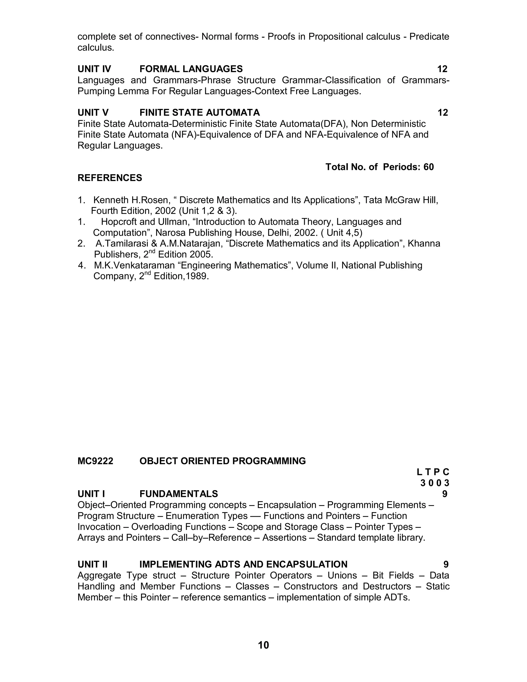 10
complete set of connectives- Normal forms - Proofs in Propositional calculus - Predicate
calculus.
UNIT IV FORMAL LANGUAGES 12
Languages and Grammars-Phrase Structure Grammar-Classification of Grammars-
Pumping Lemma For Regular Languages-Context Free Languages.
UNIT V FINITE STATE AUTOMATA 12
Finite State Automata-Deterministic Finite State Automata(DFA), Non Deterministic
Finite State Automata (NFA)-Equivalence of DFA and NFA-Equivalence of NFA and
Regular Languages.
Total No. of Periods: 60
REFERENCES
1. Kenneth H.Rosen, “ Discrete Mathematics and Its Applications”, Tata McGraw Hill,
Fourth Edition, 2002 (Unit 1,2 & 3).
1. Hopcroft and Ullman, “Introduction to Automata Theory, Languages and
Computation”, Narosa Publishing House, Delhi, 2002. ( Unit 4,5)
2. A.Tamilarasi & A.M.Natarajan, “Discrete Mathematics and its Application”, Khanna
Publishers, 2nd
Edition 2005.
4. M.K.Venkataraman “Engineering Mathematics”, Volume II, National Publishing
Company, 2nd
Edition,1989.
MC9222 OBJECT ORIENTED PROGRAMMING
L T P C
3 0 0 3
UNIT I FUNDAMENTALS 9
Object–Oriented Programming concepts – Encapsulation – Programming Elements –
Program Structure – Enumeration Types –– Functions and Pointers – Function
Invocation – Overloading Functions – Scope and Storage Class – Pointer Types –
Arrays and Pointers – Call–by–Reference – Assertions – Standard template library.
UNIT II IMPLEMENTING ADTS AND ENCAPSULATION 9
Aggregate Type struct – Structure Pointer Operators – Unions – Bit Fields – Data
Handling and Member Functions – Classes – Constructors and Destructors – Static
Member – this Pointer – reference semantics – implementation of simple ADTs.
 