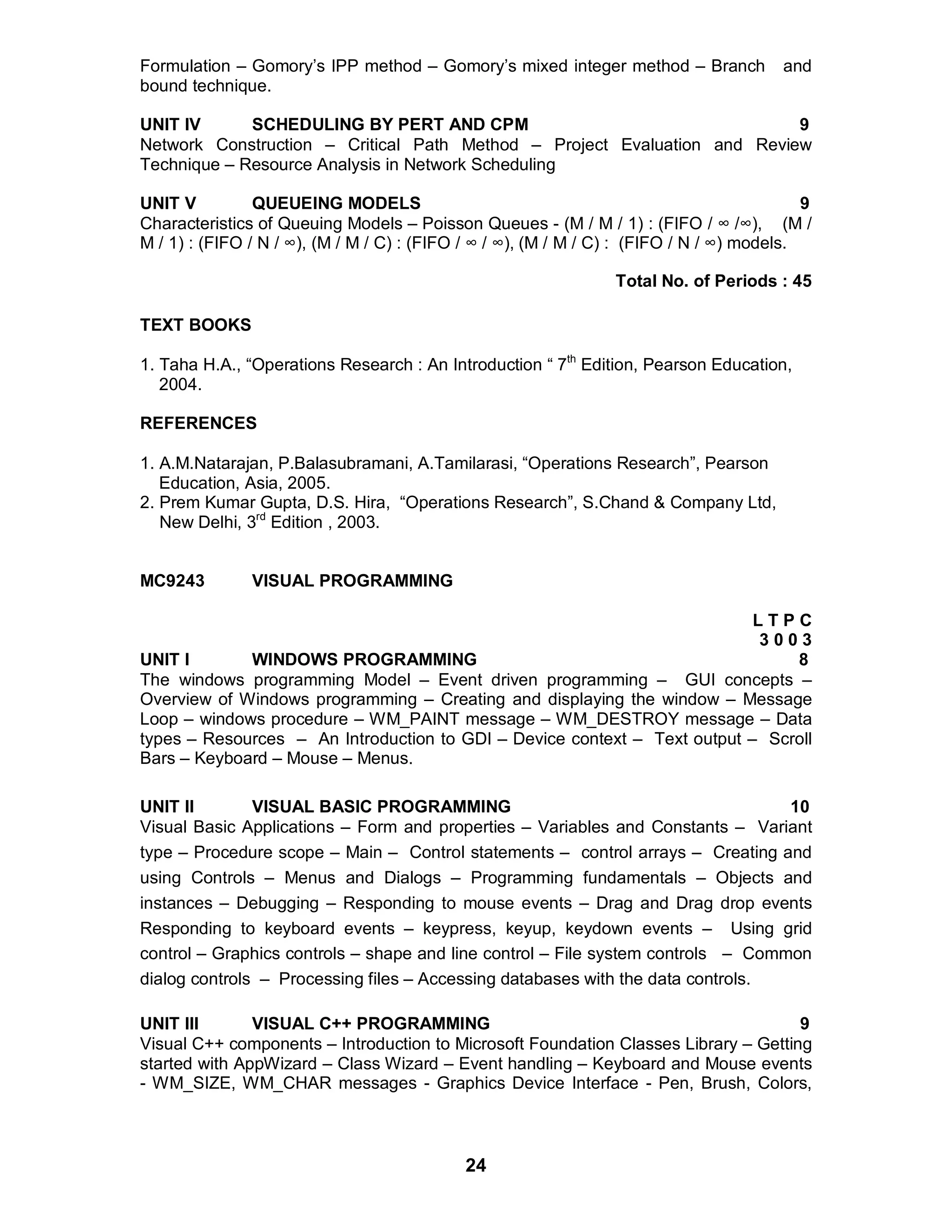 24
Formulation – Gomory’s IPP method – Gomory’s mixed integer method – Branch and
bound technique.
UNIT IV SCHEDULING BY PERT AND CPM 9
Network Construction – Critical Path Method – Project Evaluation and Review
Technique – Resource Analysis in Network Scheduling
UNIT V QUEUEING MODELS 9
Characteristics of Queuing Models – Poisson Queues - (M / M / 1) : (FIFO / ∞ /∞), (M /
M / 1) : (FIFO / N / ∞), (M / M / C) : (FIFO / ∞ / ∞), (M / M / C) : (FIFO / N / ∞) models.
Total No. of Periods : 45
TEXT BOOKS
1. Taha H.A., “Operations Research : An Introduction “ 7th
Edition, Pearson Education,
2004.
REFERENCES
1. A.M.Natarajan, P.Balasubramani, A.Tamilarasi, “Operations Research”, Pearson
Education, Asia, 2005.
2. Prem Kumar Gupta, D.S. Hira, “Operations Research”, S.Chand & Company Ltd,
New Delhi, 3rd
Edition , 2003.
MC9243 VISUAL PROGRAMMING
L T P C
3 0 0 3
UNIT I WINDOWS PROGRAMMING 8
The windows programming Model – Event driven programming – GUI concepts –
Overview of Windows programming – Creating and displaying the window – Message
Loop – windows procedure – WM_PAINT message – WM_DESTROY message – Data
types – Resources – An Introduction to GDI – Device context – Text output – Scroll
Bars – Keyboard – Mouse – Menus.
UNIT II VISUAL BASIC PROGRAMMING 10
Visual Basic Applications – Form and properties – Variables and Constants – Variant
type – Procedure scope – Main – Control statements – control arrays – Creating and
using Controls – Menus and Dialogs – Programming fundamentals – Objects and
instances – Debugging – Responding to mouse events – Drag and Drag drop events
Responding to keyboard events – keypress, keyup, keydown events – Using grid
control – Graphics controls – shape and line control – File system controls – Common
dialog controls – Processing files – Accessing databases with the data controls.
UNIT III VISUAL C++ PROGRAMMING 9
Visual C++ components – Introduction to Microsoft Foundation Classes Library – Getting
started with AppWizard – Class Wizard – Event handling – Keyboard and Mouse events
- WM_SIZE, WM_CHAR messages - Graphics Device Interface - Pen, Brush, Colors,
 