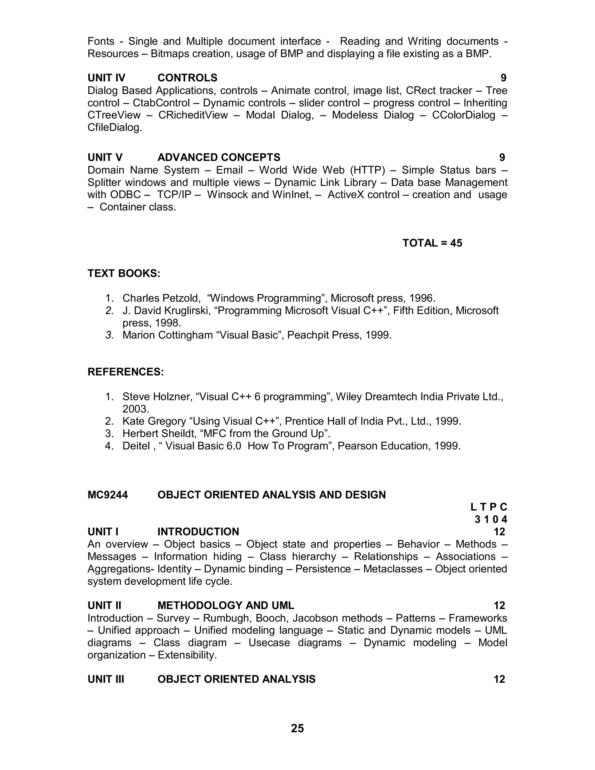 25
Fonts - Single and Multiple document interface - Reading and Writing documents -
Resources – Bitmaps creation, usage of BMP and displaying a file existing as a BMP.
UNIT IV CONTROLS 9
Dialog Based Applications, controls – Animate control, image list, CRect tracker – Tree
control – CtabControl – Dynamic controls – slider control – progress control – Inheriting
CTreeView – CRicheditView – Modal Dialog, – Modeless Dialog – CColorDialog –
CfileDialog.
UNIT V ADVANCED CONCEPTS 9
Domain Name System – Email – World Wide Web (HTTP) – Simple Status bars –
Splitter windows and multiple views – Dynamic Link Library – Data base Management
with ODBC – TCP/IP – Winsock and WinInet, – ActiveX control – creation and usage
– Container class.
TOTAL = 45
TEXT BOOKS:
1. Charles Petzold, “Windows Programming”, Microsoft press, 1996.
2. J. David Kruglirski, “Programming Microsoft Visual C++”, Fifth Edition, Microsoft
press, 1998.
3. Marion Cottingham “Visual Basic”, Peachpit Press, 1999.
REFERENCES:
1. Steve Holzner, “Visual C++ 6 programming”, Wiley Dreamtech India Private Ltd.,
2003.
2. Kate Gregory “Using Visual C++”, Prentice Hall of India Pvt., Ltd., 1999.
3. Herbert Sheildt, “MFC from the Ground Up”.
4. Deitel , “ Visual Basic 6.0 How To Program”, Pearson Education, 1999.
MC9244 OBJECT ORIENTED ANALYSIS AND DESIGN
L T P C
3 1 0 4
UNIT I INTRODUCTION 12
An overview – Object basics – Object state and properties – Behavior – Methods –
Messages – Information hiding – Class hierarchy – Relationships – Associations –
Aggregations- Identity – Dynamic binding – Persistence – Metaclasses – Object oriented
system development life cycle.
UNIT II METHODOLOGY AND UML 12
Introduction – Survey – Rumbugh, Booch, Jacobson methods – Patterns – Frameworks
– Unified approach – Unified modeling language – Static and Dynamic models – UML
diagrams – Class diagram – Usecase diagrams – Dynamic modeling – Model
organization – Extensibility.
UNIT III OBJECT ORIENTED ANALYSIS 12
 