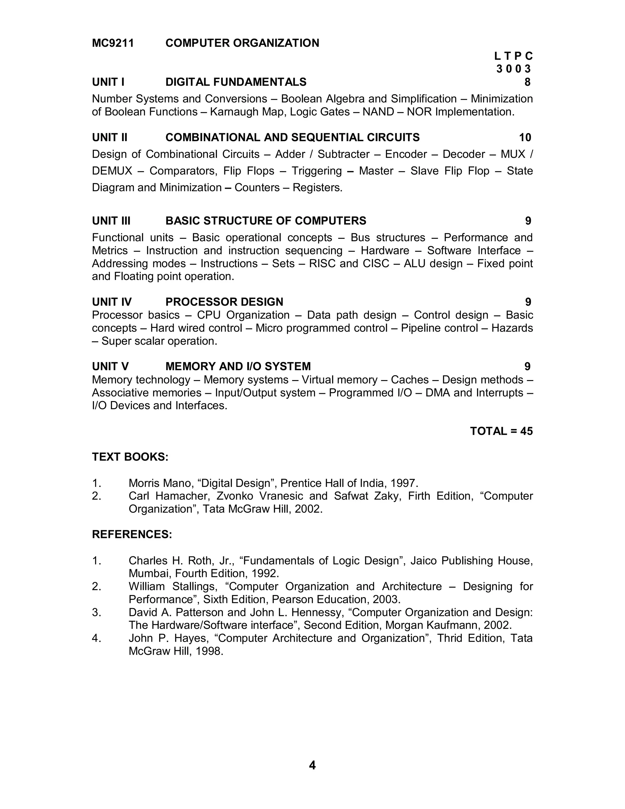 4
MC9211 COMPUTER ORGANIZATION
L T P C
3 0 0 3
UNIT I DIGITAL FUNDAMENTALS 8
Number Systems and Conversions – Boolean Algebra and Simplification – Minimization
of Boolean Functions – Karnaugh Map, Logic Gates – NAND – NOR Implementation.
UNIT II COMBINATIONAL AND SEQUENTIAL CIRCUITS 10
Design of Combinational Circuits – Adder / Subtracter – Encoder – Decoder – MUX /
DEMUX – Comparators, Flip Flops – Triggering – Master – Slave Flip Flop – State
Diagram and Minimization – Counters – Registers.
UNIT III BASIC STRUCTURE OF COMPUTERS 9
Functional units – Basic operational concepts – Bus structures – Performance and
Metrics – Instruction and instruction sequencing – Hardware – Software Interface –
Addressing modes – Instructions – Sets – RISC and CISC – ALU design – Fixed point
and Floating point operation.
UNIT IV PROCESSOR DESIGN 9
Processor basics – CPU Organization – Data path design – Control design – Basic
concepts – Hard wired control – Micro programmed control – Pipeline control – Hazards
– Super scalar operation.
UNIT V MEMORY AND I/O SYSTEM 9
Memory technology – Memory systems – Virtual memory – Caches – Design methods –
Associative memories – Input/Output system – Programmed I/O – DMA and Interrupts –
I/O Devices and Interfaces.
TOTAL = 45
TEXT BOOKS:
1. Morris Mano, “Digital Design”, Prentice Hall of India, 1997.
2. Carl Hamacher, Zvonko Vranesic and Safwat Zaky, Firth Edition, “Computer
Organization”, Tata McGraw Hill, 2002.
REFERENCES:
1. Charles H. Roth, Jr., “Fundamentals of Logic Design”, Jaico Publishing House,
Mumbai, Fourth Edition, 1992.
2. William Stallings, “Computer Organization and Architecture – Designing for
Performance”, Sixth Edition, Pearson Education, 2003.
3. David A. Patterson and John L. Hennessy, “Computer Organization and Design:
The Hardware/Software interface”, Second Edition, Morgan Kaufmann, 2002.
4. John P. Hayes, “Computer Architecture and Organization”, Thrid Edition, Tata
McGraw Hill, 1998.
 