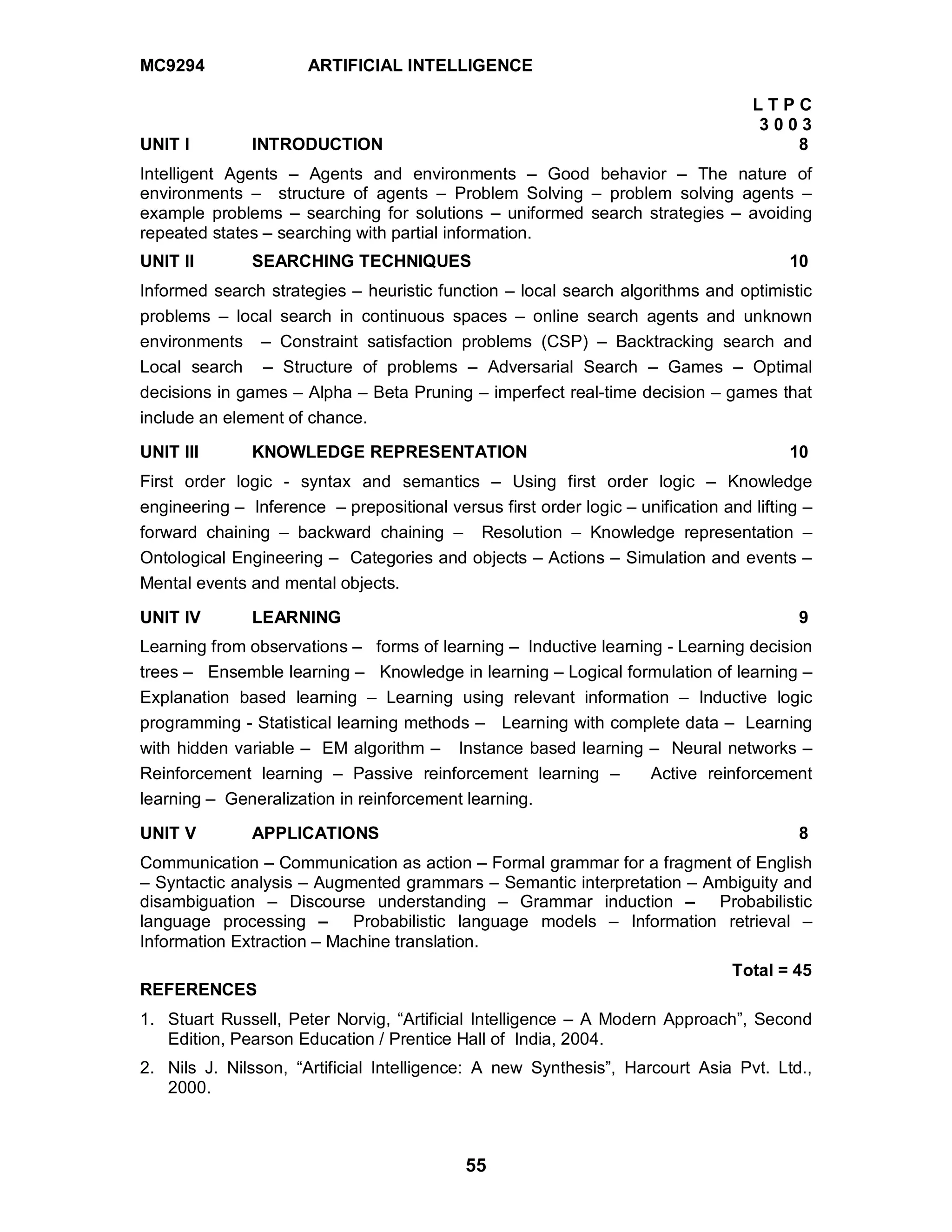 55
MC9294 ARTIFICIAL INTELLIGENCE
L T P C
3 0 0 3
UNIT I INTRODUCTION 8
Intelligent Agents – Agents and environments – Good behavior – The nature of
environments – structure of agents – Problem Solving – problem solving agents –
example problems – searching for solutions – uniformed search strategies – avoiding
repeated states – searching with partial information.
UNIT II SEARCHING TECHNIQUES 10
Informed search strategies – heuristic function – local search algorithms and optimistic
problems – local search in continuous spaces – online search agents and unknown
environments – Constraint satisfaction problems (CSP) – Backtracking search and
Local search – Structure of problems – Adversarial Search – Games – Optimal
decisions in games – Alpha – Beta Pruning – imperfect real-time decision – games that
include an element of chance.
UNIT III KNOWLEDGE REPRESENTATION 10
First order logic - syntax and semantics – Using first order logic – Knowledge
engineering – Inference – prepositional versus first order logic – unification and lifting –
forward chaining – backward chaining – Resolution – Knowledge representation –
Ontological Engineering – Categories and objects – Actions – Simulation and events –
Mental events and mental objects.
UNIT IV LEARNING 9
Learning from observations – forms of learning – Inductive learning - Learning decision
trees – Ensemble learning – Knowledge in learning – Logical formulation of learning –
Explanation based learning – Learning using relevant information – Inductive logic
programming - Statistical learning methods – Learning with complete data – Learning
with hidden variable – EM algorithm – Instance based learning – Neural networks –
Reinforcement learning – Passive reinforcement learning – Active reinforcement
learning – Generalization in reinforcement learning.
UNIT V APPLICATIONS 8
Communication – Communication as action – Formal grammar for a fragment of English
– Syntactic analysis – Augmented grammars – Semantic interpretation – Ambiguity and
disambiguation – Discourse understanding – Grammar induction – Probabilistic
language processing – Probabilistic language models – Information retrieval –
Information Extraction – Machine translation.
Total = 45
REFERENCES
1. Stuart Russell, Peter Norvig, “Artificial Intelligence – A Modern Approach”, Second
Edition, Pearson Education / Prentice Hall of India, 2004.
2. Nils J. Nilsson, “Artificial Intelligence: A new Synthesis”, Harcourt Asia Pvt. Ltd.,
2000.
 