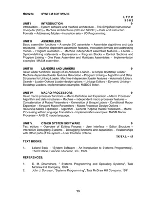 13
MC9224 SYSTEM SOFTWARE
L T P C
3 0 0 3
UNIT I INTRODUCTION 9
Introduction – System software and machine architecture – The Simplified Instructional
Computer (SIC) – Machine Architectures (SIC and SIC/XE) – Data and Instruction
Formats – Addressing Modes –Instruction sets – I/O Programming.
UNIT II ASSEMBLERS 9
Basic assembler functions – A simple SIC assembler – Assembler algorithms and data
structures – Machine dependent assembler features, Instruction formats and addressing
modes – Program relocation – Machine independent assembler features – Literals –
Symbol-defining statements – Expressions – Program Blocks – Control Sections and
Program Linking – One Pass Assembler and Multipass Assemblers - Implementation
examples MASM assembler.
UNIT III LOADERS AND LINKERS 9
Basic loader functions: Design of an Absolute Loader – A Simple Bootstrap Loader
Machine dependent loader features Relocation – Program Linking – Algorithm and Data
Structures for Linking Loader. Machine-independent loader features – Automatic Library
Search – Loader Options Loader design options – Linkage Editors – Dynamic Linking –
Bootstrap Loaders. Implementation examples: MSDOS linker.
UNIT IV MACRO PROCESSORS 9
Basic macro processor functions – Macro Definition and Expansion – Macro Processor
Algorithm and data structures – Machine – independent macro processor features –
Concatenation of Macro Parameters – Generation of Unique Labels – Conditional Macro
Expansion – Keyword Macro Parameters – Macro Processor Design Options –
Recursive Macro Expansion – Algorithm – General Purpose macro Processors – Macro
Processing within Language Translators - Implementation examples: MASM Macro
Processor – ANSI C macro language.
UNIT V OTHER SYSTEM SOFTWARE 9
Text editors – Overview of Editing Process - User Interface – Editor Structure –
Interactive Debugging Systems – Debugging functions and capabilities – Relationships
with Other parts of the system – User Interface Criteria.
TOTAL = 45
TEXT BOOKS:
1. Leland Beck - “System Software – An Introduction to Systems Programming”,
Third Edition, Pearson Education, Inc., 1999.
REFERENCES:
1. D. M. Dhamdhere, " Systems Programming and Operating Systems", Tata
McGraw Hill Company, 1999.
2. John J. Donovan, “Systems Programming”, Tata McGraw Hill Company, 1991.
 