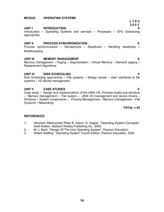 14
MC9225 OPERATING SYSTEMS
L T P C
3 0 0 3
UNIT I INTRODUCTION 9
Introduction – Operating Systems and services – Processes – CPU Scheduling
approaches
UNIT II PROCESS SYNCHRONIZATION 9
Process synchronization – Semaphores – Deadlocks – Handling deadlocks –
Multithreading
UNIT III MEMORY MANAGEMENT 9
Memory management – Paging – Segmentation – Virtual Memory – Demand paging –
Replacement Algorithms
UNIT IV DISK SCHEDULING 9
Disk Scheduling approaches – File systems – Design issues – User interfaces to file
systems – I/O device management.
UNIT V CASE STUDIES 9
Case study – Design and implementation of the UNIX OS, Process model and structure
– Memory management – File system – UNIX I/O management and device drivers –
Windows – System components – Process Management – Memory management – File
Systems – Networking
TOTAL = 45
REFERENCES:
1. Abraham Silberschatz Peter B. Galvin, G. Gagne, “Operating System Concepts”,
Sixth Edition, Addison Wesley Publishing Co., 2003.
2. M. J. Bach, “Design Of The Unix Operating System”, Pearson Education.
3. Willam-Stalling “ Operating System” Fourth Edition, Pearson Education, 2003.
 
