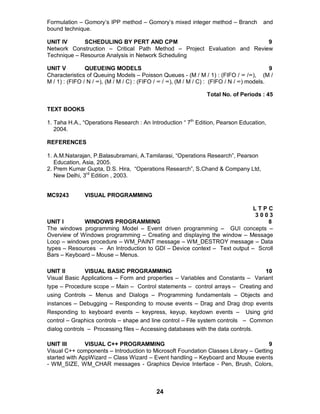 24
Formulation – Gomory’s IPP method – Gomory’s mixed integer method – Branch and
bound technique.
UNIT IV SCHEDULING BY PERT AND CPM 9
Network Construction – Critical Path Method – Project Evaluation and Review
Technique – Resource Analysis in Network Scheduling
UNIT V QUEUEING MODELS 9
Characteristics of Queuing Models – Poisson Queues - (M / M / 1) : (FIFO / ∞ /∞), (M /
M / 1) : (FIFO / N / ∞), (M / M / C) : (FIFO / ∞ / ∞), (M / M / C) : (FIFO / N / ∞) models.
Total No. of Periods : 45
TEXT BOOKS
1. Taha H.A., “Operations Research : An Introduction “ 7th
Edition, Pearson Education,
2004.
REFERENCES
1. A.M.Natarajan, P.Balasubramani, A.Tamilarasi, “Operations Research”, Pearson
Education, Asia, 2005.
2. Prem Kumar Gupta, D.S. Hira, “Operations Research”, S.Chand & Company Ltd,
New Delhi, 3rd
Edition , 2003.
MC9243 VISUAL PROGRAMMING
L T P C
3 0 0 3
UNIT I WINDOWS PROGRAMMING 8
The windows programming Model – Event driven programming – GUI concepts –
Overview of Windows programming – Creating and displaying the window – Message
Loop – windows procedure – WM_PAINT message – WM_DESTROY message – Data
types – Resources – An Introduction to GDI – Device context – Text output – Scroll
Bars – Keyboard – Mouse – Menus.
UNIT II VISUAL BASIC PROGRAMMING 10
Visual Basic Applications – Form and properties – Variables and Constants – Variant
type – Procedure scope – Main – Control statements – control arrays – Creating and
using Controls – Menus and Dialogs – Programming fundamentals – Objects and
instances – Debugging – Responding to mouse events – Drag and Drag drop events
Responding to keyboard events – keypress, keyup, keydown events – Using grid
control – Graphics controls – shape and line control – File system controls – Common
dialog controls – Processing files – Accessing databases with the data controls.
UNIT III VISUAL C++ PROGRAMMING 9
Visual C++ components – Introduction to Microsoft Foundation Classes Library – Getting
started with AppWizard – Class Wizard – Event handling – Keyboard and Mouse events
- WM_SIZE, WM_CHAR messages - Graphics Device Interface - Pen, Brush, Colors,
 