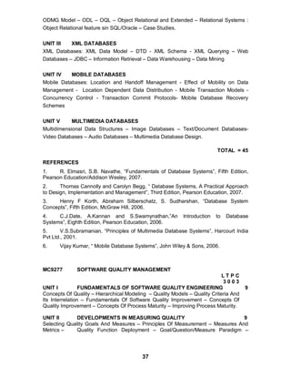 37
ODMG Model – ODL – OQL – Object Relational and Extended – Relational Systems :
Object Relational feature sin SQL/Oracle – Case Studies.
UNIT III XML DATABASES
XML Databases: XML Data Model – DTD - XML Schema - XML Querying – Web
Databases – JDBC – Information Retrieval – Data Warehousing – Data Mining
UNIT IV MOBILE DATABASES
Mobile Databases: Location and Handoff Management - Effect of Mobility on Data
Management - Location Dependent Data Distribution - Mobile Transaction Models -
Concurrency Control - Transaction Commit Protocols- Mobile Database Recovery
Schemes
UNIT V MULTIMEDIA DATABASES
Multidimensional Data Structures – Image Databases – Text/Document Databases-
Video Databases – Audio Databases – Multimedia Database Design.
TOTAL = 45
REFERENCES
1. R. Elmasri, S.B. Navathe, “Fundamentals of Database Systems”, Fifth Edition,
Pearson Education/Addison Wesley, 2007.
2. Thomas Cannolly and Carolyn Begg, “ Database Systems, A Practical Approach
to Design, Implementation and Management”, Third Edition, Pearson Education, 2007.
3. Henry F Korth, Abraham Silberschatz, S. Sudharshan, “Database System
Concepts”, Fifth Edition, McGraw Hill, 2006.
4. C.J.Date, A.Kannan and S.Swamynathan,”An Introduction to Database
Systems”, Eighth Edition, Pearson Education, 2006.
5. V.S.Subramanian, “Principles of Multimedia Database Systems”, Harcourt India
Pvt Ltd., 2001.
6. Vijay Kumar, “ Mobile Database Systems”, John Wiley & Sons, 2006.
MC9277 SOFTWARE QUALITY MANAGEMENT
L T P C
3 0 0 3
UNIT I FUNDAMENTALS OF SOFTWARE QUALITY ENGINEERING 9
Concepts Of Quality – Hierarchical Modeling – Quality Models – Quality Criteria And
Its Interrelation – Fundamentals Of Software Quality Improvement – Concepts Of
Quality Improvement – Concepts Of Process Maturity – Improving Process Maturity.
UNIT II DEVELOPMENTS IN MEASURING QUALITY 9
Selecting Quality Goals And Measures – Principles Of Measurement – Measures And
Metrics – Quality Function Deployment – Goal/Question/Measure Paradigm –
 