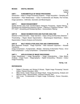 45
MC9284 DIGITAL IMAGING
L T P C
3 0 0 3
UNIT I FUNDAMENTALS OF IMAGE PROCESSING 9
Introduction – Steps in Image Processing Systems – Image Acquisition – Sampling and
Quantization – Pixel Relationships – Colour Fundamentals and Models, File Formats,
Image operations – Arithmetic, Geometric and Morphological.
.
UNIT II IMAGE ENHANCEMENT 9
Spatial Domain Gray level Transformations Histogram Processing Spatial Filtering –
Smoothing and Sharpening.Frequency Domain : Filtering in Frequency Domain – DFT,
FFT, DCT – Smoothing and Sharpening filters – Homomorphic Filtering.
.
UNIT III IMAGE SEGMENTATION AND FEATURE ANALYSIS 9
Detection of Discontinuities – Edge Operators – Edge Linking and Boundary Detection –
Thresholding – Region Based Segmentation – Morphological WaterSheds – Motion
Segmentation, Feature Analysis and Extraction.
UNIT IV MULTI RESOLUTION ANALYSIS AND COMPRESSIONS 9
Multi Resolution Analysis : Image Pyramids – Multi resolution expansion – Wavelet
Transforms.
Image Compression : Fundamentals – Models – Elements of Information Theory – Error
Free Compression – Lossy Compression – Compression Standards.
UNIT V APPLICATIONS OF IMAGE PROCESSING 9
Image Classification – Image Recognition – Image Understanding – Video Motion
Analysis – Image Fusion – Steganography – Digital Compositing – Mosaics – Colour
Image Processing..
TOTAL = 45
REFERENCES:
1. Rafael C.Gonzalez and Richard E.Woods, “Digital Image Processing” Second
Edition, Pearson Education, 2003.
2. Milan Sonka, Vaclav Hlavac and Roger Boyle, “Image Processing, Analysis and
Machine Vision”, Second Edition, Thomson Learning, 2001
3. Anil K.Jain, “Fundamentals of Digital Image Processing”, Person Educaiton,
2003.
 