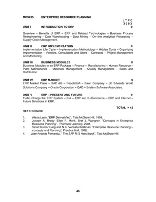 46
MC9285 ENTERPRISE RESOURCE PLANNING
L T P C
3 0 0 3
UNIT I INTRODUCTION TO ERP 9
Overview – Benefits of ERP – ERP and Related Technologies – Business Process
Reengineering – Data Warehousing – Data Mining – On–line Analytical Processing –
Supply Chain Management.
UNIT II ERP IMPLEMENTATION 9
Implementation Life Cycle – Implementation Methodology – Hidden Costs – Organizing
Implementation – Vendors, Consultants and Users – Contracts – Project Management
and Monitoring.
UNIT III BUSINESS MODULES 9
Business Modules in an ERP Package – Finance – Manufacturing – Human Resource –
Plant Maintanance – Materials Management – Quality Management – Sales and
Distribution.
UNIT IV ERP MARKET 9
ERP Market Place – SAP AG – PeopleSoft – Baan Company – JD Edwards World
Solutions Company – Oracle Corporation – QAD – System Software Associates.
UNIT V ERP – PRESENT AND FUTURE 9
Turbo Charge the ERP System – EIA – ERP and E–Commerce – ERP and Internet –
Future Directions in ERP.
TOTAL = 45
REFERENCES:
1. Alexis Leon, “ERP Demystified”, Tata McGraw Hill, 1999.
2. Joseph A. Brady, Ellen F. Monk, Bret J. Wangner, “Concepts in Enterprise
Resource Planning” , Thomson Learning, 2001.
3. Vinod Kumar Garg and N.K .Venkata Krishnan, “Enterprise Resource Planning –
concepts and Planning”, Prentice Hall, 1998.
4. Jose Antonio Fernandz, “ The SAP R /3 Hand book”, Tata McGraw Hill
 