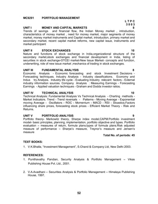 52
MC9291 PORTFOLIO MANAGEMENT
L T P C
3 0 0 3
UNIT I MONEY AND CAPITAL MARKETS 8
Trends of savings and financial flow, the Indian Money market , introduction,
characteristics of money market , need for money market, major segments of money
market, money market instruments and Capital market, introduction, primary market and
secondary market, recent capital market reforms, new capital issue, instruments and
market participant
UNIT II STOCK EXCHANGES 10
Nature and functions of stock exchange in India,organizational structure of the
secondary marlet,stock exchanges and financial development in India, listing of
securities in stock exchange-OTCEI market-New Issue Market- concepts and function,
underwriting, role of new issue market ,mechanics of trading in stock exchanges.
UNIT III FUNDAMENTAL ANALYSIS 8
Economic Analysis - Economic forecasting and stock Investment Decisions -
Forecasting techniques. Industry Analysis - Industry classifications. Economy and
Indus try Analysis. Industry life cycle - Evaluating Industry relevant factors - External
industry information sources. Company Analysis : Measuring Earnings - Forecasting
Earnings - Applied valuation techniques - Graham and Dodds investor ratios.
UNIT IV TECHNICAL ANALYSIS 10
Technical Analysis: Fundamental Analysis Vs Technical Analysis - Charting methods -
Market Indicators. Trend - Trend reversals - Patterns - Moving Average - Exponential
moving Average - Oscillators - ROC - Momentum - MACD - RSI - Stoastics.Factors
influencing share prices, forecasting stock prices - Efficient Market Theory - Risk and
Returns.
UNIT V PORTFOLIO ANALYSIS 9
Portfolio theory- Markowitz theory, Sharpe index model,CAPM.Portfolio investment
model- basic principles, planning, implementation, portfolio objective and types. Portfolio
evaluation – measures of return, formula plans,types of formula plans.Risk adjusted
measure of performance – Sharpe’s measure, Treynor’s measure and Jensen’s
measure
Total No. of periods: 45
TEXT BOOKS:
1. V.K.Bhalla, “Investment Management”, S.Chand & Company Ltd, New Delhi 2003.
REFERENCES:
1. Punithavathy Pandian, Security Analysis & Portfolio Management – Vikas
Publishing House Pvt. Ltd., 2001.
2. V.A.Avadhani – Securities Analysis & Portfolio Management – Himalaya Publishing
House, 1997.
 
