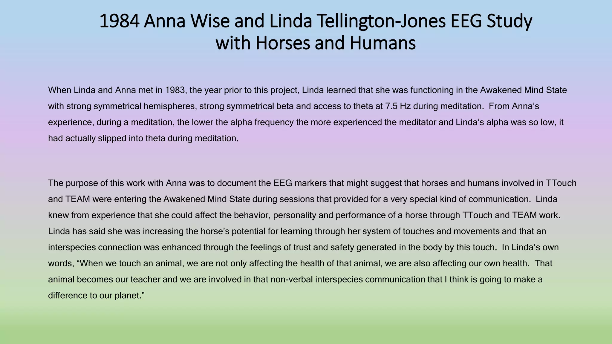 Anna Wise and Linda Tellington-Jones EEG Study with Horses and Humans ...