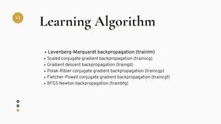 VI
Learning Algorithm
Levenberg-Marquardt backpropagation (trainlm)
Scaled conjugate gradient backpropagation (trainscg)
Gradient descent backpropagation (traingd)
Polak-Ribier conjugate gradient backpropagation (traincgp)
Fletcher-Powell conjugate gradient backpropagation (traincgf)
BFGS Newton backpropagation (trainbfg)
 