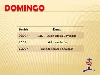 Horário              Evento

09:00 h   EBD – Escola Bíblica Dominical

15:00 h          Visita nos Lares

19:00 h    Culto de Louvor e Adoração
 