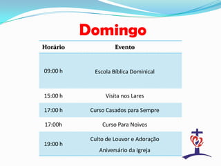 Domingo
Horário Evento
09:00 h Escola Bíblica Dominical
15:00 h Visita nos Lares
17:00 h Curso Casados para Sempre
17:00h Curso Para Noivos
19:00 h
Culto de Louvor e Adoração
Aniversário da Igreja
 