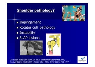 Shoulder pathology?


           Impingement
           Rotator cuff pathology
           Instability
           SLAP lesions




(Anderson Radiol Clin North Am 2010, Lintner Wrightington nov 2012 2008,
                                       Ann Cools Clin Sports Med

 Seroyer Sports Health 2009 , Reeser BJSM 2006, Briner Sports Med 1997)
 