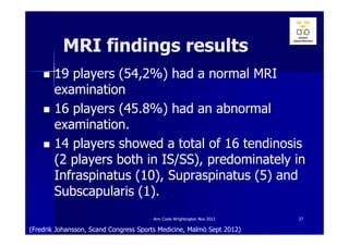 MRI findings results
        19 players (54,2%) had a normal MRI
        examination
        16 players (45.8%) had an abnormal
        examination.
        14 players showed a total of 16 tendinosis
        (2 players both in IS/SS), predominately in
        Infraspinatus (10), Supraspinatus (5) and
        Subscapularis (1).
                                       Ann Cools Wrightington Nov 2012   27

(Fredrik Johansson, Scand Congress Sports Medicine, Malmö Sept 2012)
 