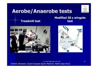 Aerobe/Anaerobe tests
                                                         Modified 30 s wingate
           Treadmill test                                         test




                                     Ann Cools Wrightington Nov 2012        30

(Fredrik Johansson, Scand Congress Sports Medicine, Malmö Sept 2012)
 