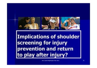 Implications of shoulder
screening for injury
prevention and return
to play after injury?
         Ann Cools Wrightington Nov 2012   35
 