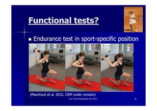 Functional tests?

  Endurance test in sport-specific position




(Maenhout et al. 2012, IJSM under revision)
                         Ann Cools Wrightington Nov 2012   46
 