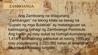 ZAMBOANGA
Ang Zamboang na tinaguriang
“Zambangan” na lalong kilala sa tawag na
“Lupain ng mga Bulaklak” ay matatagpuan sa
katimugang bahagi ng Zamboanga Peninsula.
Ang lupain ay may sukat na humigit-kumulang sa
1,414.7 kilometrong parisukat at noong 1990 ay
may populasyong 2,221,382 katao at itinanghal
na primera klaseng lungsod.
 