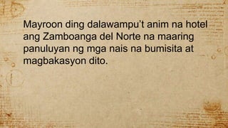 Mayroon ding dalawampu’t anim na hotel
ang Zamboanga del Norte na maaring
panuluyan ng mga nais na bumisita at
magbakasyon dito.
 