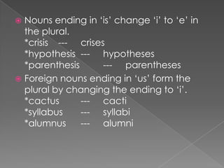 Nouns ending in ‘is’ change ‘i’ to ‘e’ in
the plural.
*crisis --- crises
*hypothesis --- hypotheses
*parenthesis
--- parentheses
 Foreign nouns ending in ‘us’ form the
plural by changing the ending to ‘i’.
*cactus
--- cacti
*syllabus
--- syllabi
*alumnus
--- alumni


 