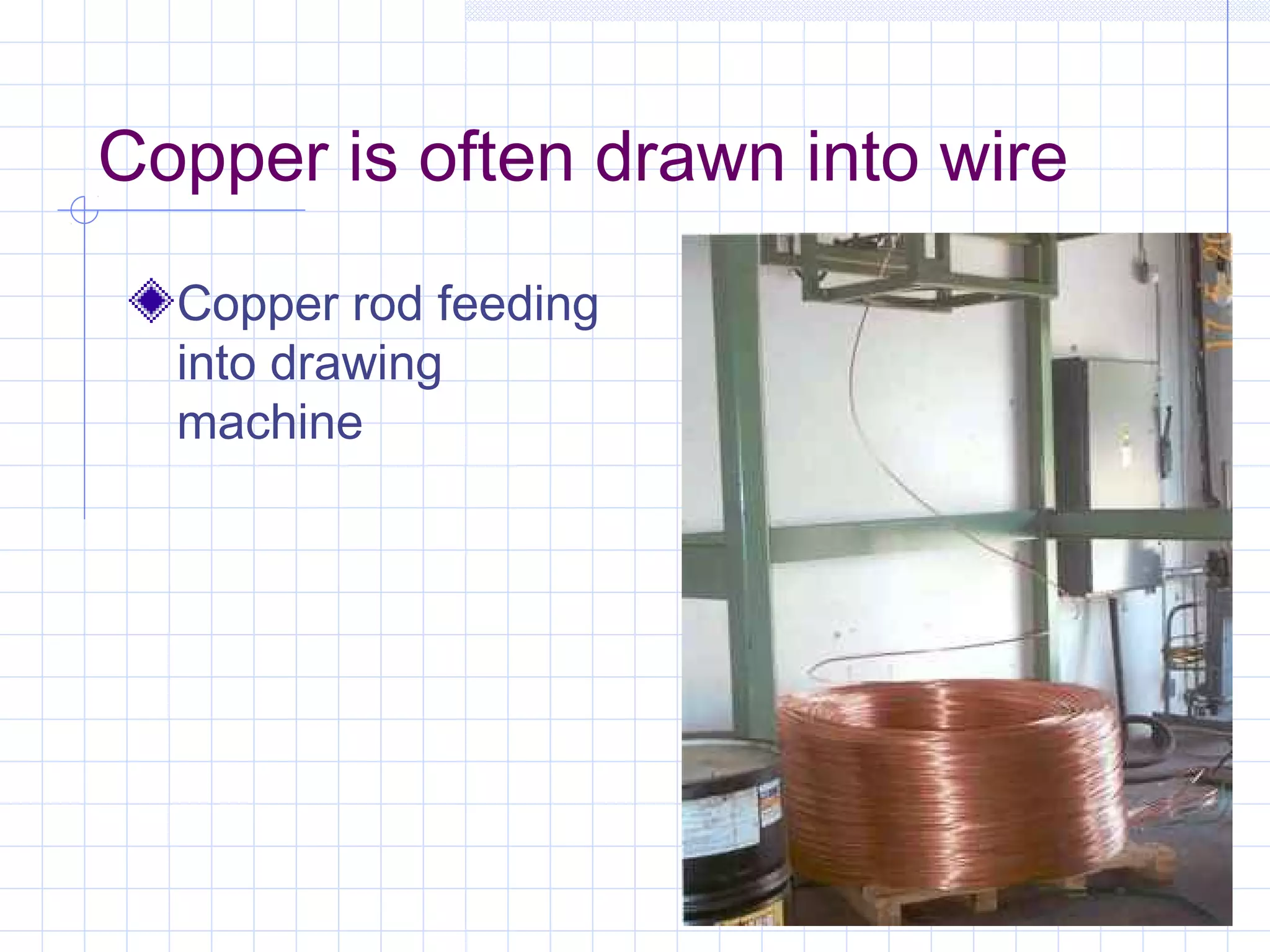 Copper is often drawn into wire
Copper rod feeding
into drawing
machine

 