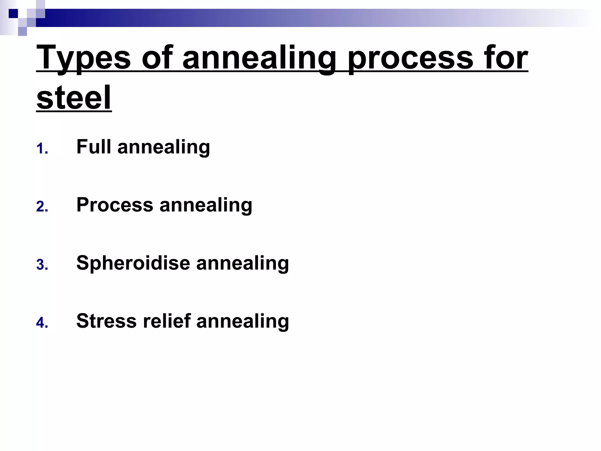 Types of annealing process for
steel
1. Full annealing
2. Process annealing
3. Spheroidise annealing
4. Stress relief annealing
 