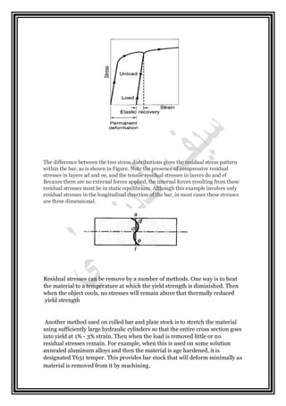 The difference between the two stress distributions gives the residual stress pattern
within the bar, as is shown in Figure. Note the presence of compressive residual
stresses in layers ad and oe, and the tensile residual stresses in layers do and ef
Because there are no external forces applied, the internal forces resulting from these
residual stresses must be in static equilibrium. Although this example involves only
residual stresses in the longitudinal direction of the bar, in most cases these stresses
are three dimensional.
Residual stresses can be remove by a number of methods. One way is to heat
the material to a temperature at which the yield strength is diminished. Then
when the object cools, no stresses will remain above that thermally reduced
yield strength.
Another method used on rolled bar and plate stock is to stretch the material
using sufficiently large hydraulic cylinders so that the entire cross section goes
into yield at 1% - 3% strain. Then when the load is removed little or no
residual stresses remain. For example, when this is used on some solution
annealed aluminum alloys and then the material is age hardened, it is
designated T651 temper. This provides bar stock that will deform minimally as
material is removed from it by machining.
 