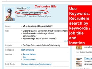 Customize title
                  Use
                  Keywords.
                  Recruiters
                  search by
                  keywords /
                  job title
                  and
                  location
 