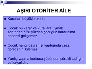 Kararları büyükler verir.
 Çocuk bu karar ve kurallara uymak
zorundadır.Bu yüzden çocuğun karar alma
becerisi gelişemez.
 Çocuk hangi davranışı yaptığında ceza
göreceğini bilemez.
 Yanlış yapma korkusu yüzünden sürekli tedirgin
ve kaygılıdır.
AġIRI OTORĠTER AĠLE
 