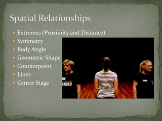  Extremes (Proximity and Distance)
 Symmetry
 Body Angle
 Geometric Shape
 Counterpoint
 Lines
 Center Stage
 
