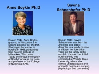 Anne Boykin Ph.D
Savina
Schoenhofer Ph.D
Born in 1944, Anne Boykin
grew up in Wisconsin; the
second eldest of six children.
She began her career in
nursing in 1966,graduating
from Alverno College in
Milwaukee, Wisconsin.
Today she enjoys the beauty
of South Florida as the dean
and professor of the College
of Nursing at FAU.
Born in 1940, Savina
Scheonhofer was born the
2nd child and oldest
daughter in a family on nine
and spent her formative
years on the family cattle
ranch in Kansas. Her initial
nursing study was
completed at Wichita State
University, where she
earned undergraduate and
graduate degrees in nursing,
psychology, and counselling
 