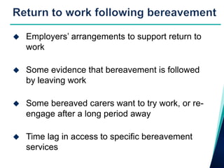    Employers’ arrangements to support return to
    work

   Some evidence that bereavement is followed
    by leaving work

   Some bereaved carers want to try work, or re-
    engage after a long period away

   Time lag in access to specific bereavement
    services
 