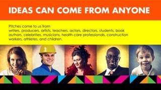 Pitches come to us from
writers, producers, artists, teachers, actors, directors, students, book
authors, celebrities, musicians, health care professionals, construction
workers, athletes, and children.
 