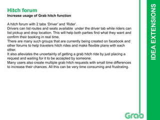 IDEAEXTENSIONS
Hitch forum
Increase usage of Grab hitch function
A hitch forum with 2 tabs ‘Driver’ and ‘Rider’.
Drivers can list routes and seats available under the driver tab while riders can
list pickup and drop location. This will help both parties find what they want and
confirm their booking in real time.
There are many such groups that are currently being created on facebook and
other forums to help travelers hitch rides and make flexible plans with each
other.
It also alleviates the uncertainty of getting a grab hitch ride by just placing a
request and waiting for it to be accepted by someone.
Many users also create multiple grab hitch requests with small time differences
to increase their chances. All this can be very time consuming and frustrating.
 