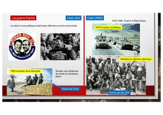 1979-1989 Guerre d’Afghanistan.
1979 Invasion soviétique
Résistance afghane islamique
Armée par les USA
La guerre fraiche
Le retour d’une politique américaine offensive et anti-communiste.
Côté USA Côté URSS
1983 Invasion de la Grenade Soutien aux dictatures
de droite en Amérique
latine.
Animé par Cuba
 