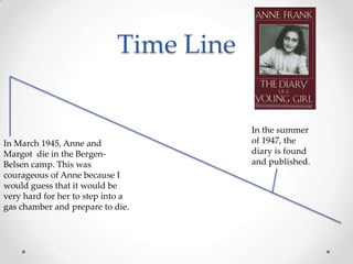 Time LineIn the summer of 1947, the diary is found and published.In March 1945, Anne and Margot  die in the Bergen-Belsen camp. This was courageous of Anne because I would guess that it would be very hard for her to step into a gas chamber and prepare to die.  