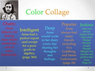 ColorCollageChattyAnne talked a lot during class which earned her a lot of extra homework.JealousAnne was always jealous of her older sister Margot because people thought Margot was smarter and prettier than Anne.(Page 27)PopularAnne always had many friends including Eva Goldberg, and SanneLedermann.(page 24)DeepAnne would write in her diary every day sharing her thoughts and feelings.IntelligentAnne had a perfect report card except for a poor grade in algebra.(page 360)
