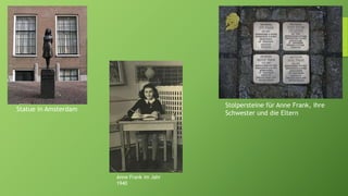 Anne Frank im Jahr 1940
Anne Frank im Jahr
1940
Statue in Amsterdam
Stolpersteine für Anne Frank, ihre
Schwester und die Eltern
 