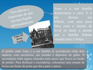 O prédio onde Anne e a sua família se esconderam tinha dois
andares, com escritórios, um moinho e depósitos de grãos. O
esconderijo tinha alguns cômodos num anexo que ficava no fundo
do prédio. Para disfarçar o esconderijo, colocaram uma estante de
livros em frente da porta que dava para o anexo.
Anne e a sua família
desarrumou a casa. E o
pai deixou um
bilhete, com uma pista
falsa com o intuito de
levar os nazis a pensar
que a família tinham
viajado para a Suíça.
 
